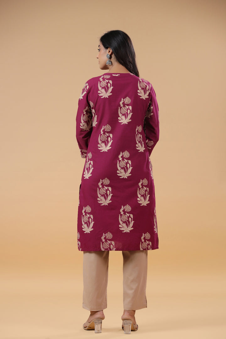 Wine Cotton Printed Mandarin Collar Kurta Pant Set