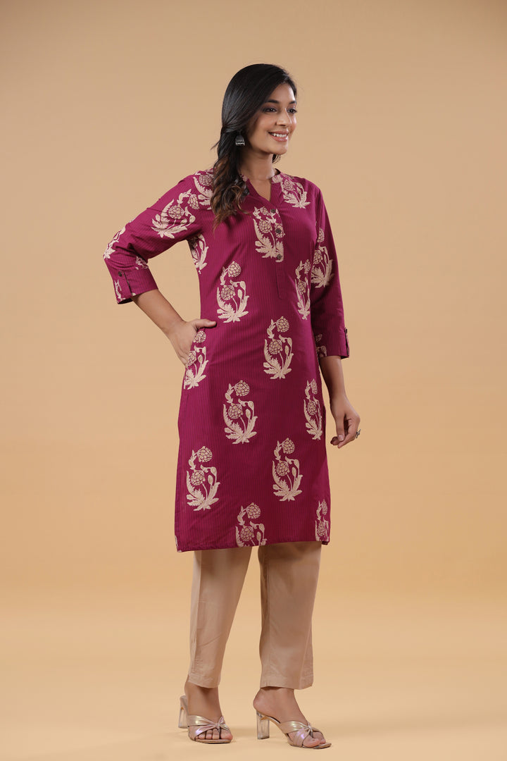 Wine Cotton Printed Mandarin Collar Kurta Pant Set