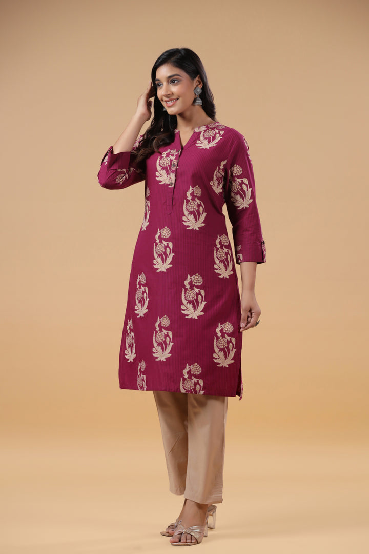 Wine Cotton Printed Mandarin Collar Kurta Pant Set