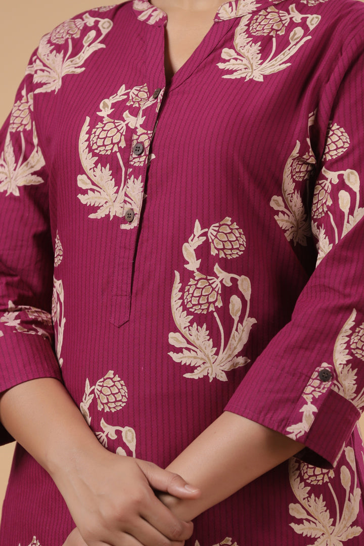 Wine Cotton Printed Mandarin Collar Kurta Pant Set
