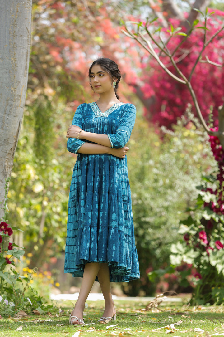 Blue Pure Cotton Hand Tie & Dye Desginer Tiered Dress