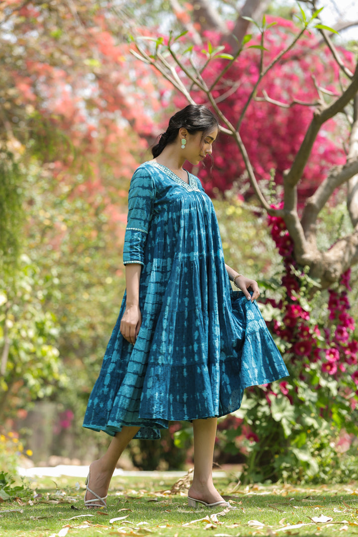 Blue Pure Cotton Hand Tie & Dye Desginer Tiered Dress