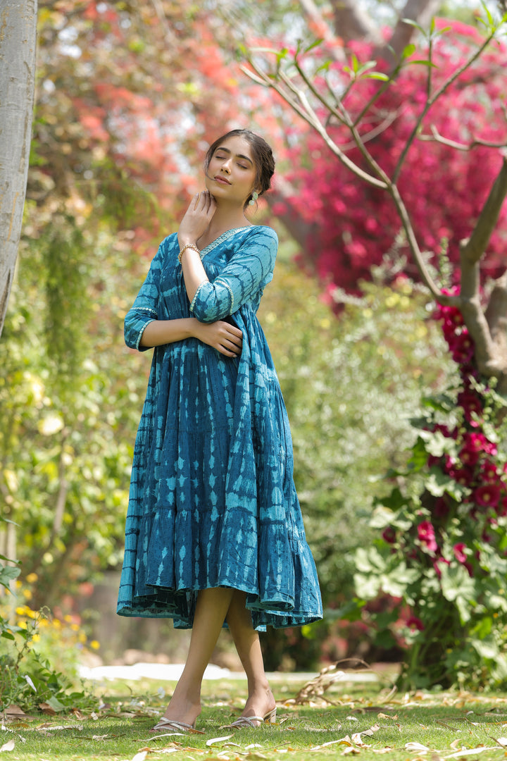 Blue Pure Cotton Hand Tie & Dye Desginer Tiered Dress