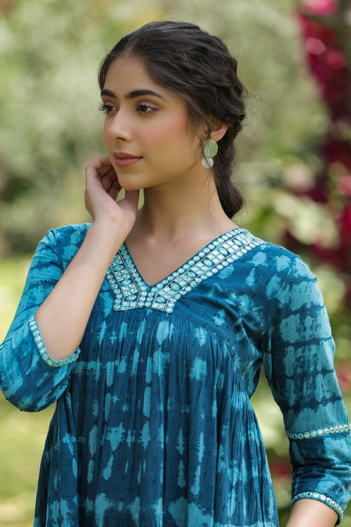 Blue Pure Cotton Hand Tie & Dye Desginer Tiered Dress