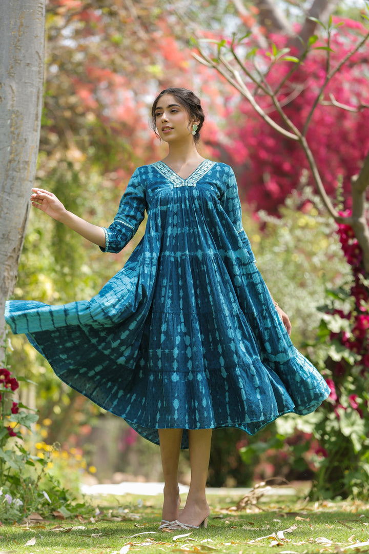 Blue Pure Cotton Hand Tie & Dye Desginer Tiered Dress