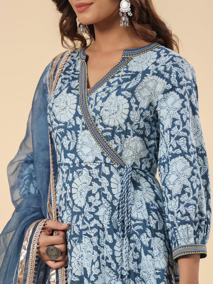 Blue Pure Cotton Floral Print Zari Work A-Line Kurta Pant Dupatta Set
