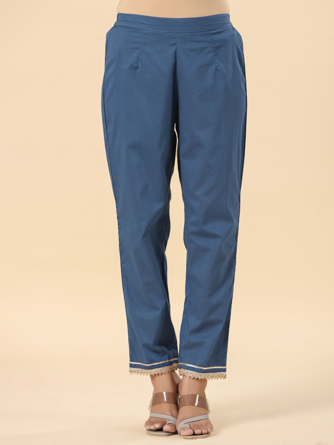 Blue Pure Cotton Floral Print Zari Work A-Line Kurta Pant Dupatta Set