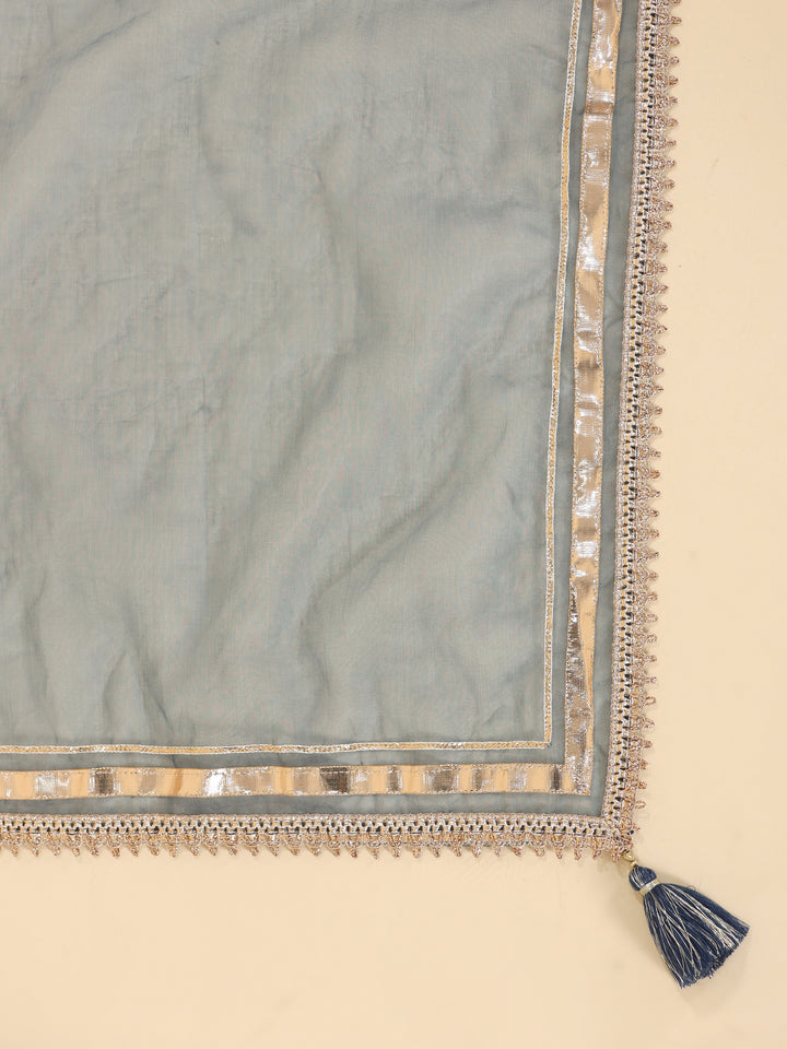 Blue Pure Cotton Floral Print Zari Work A-Line Kurta Pant Dupatta Set