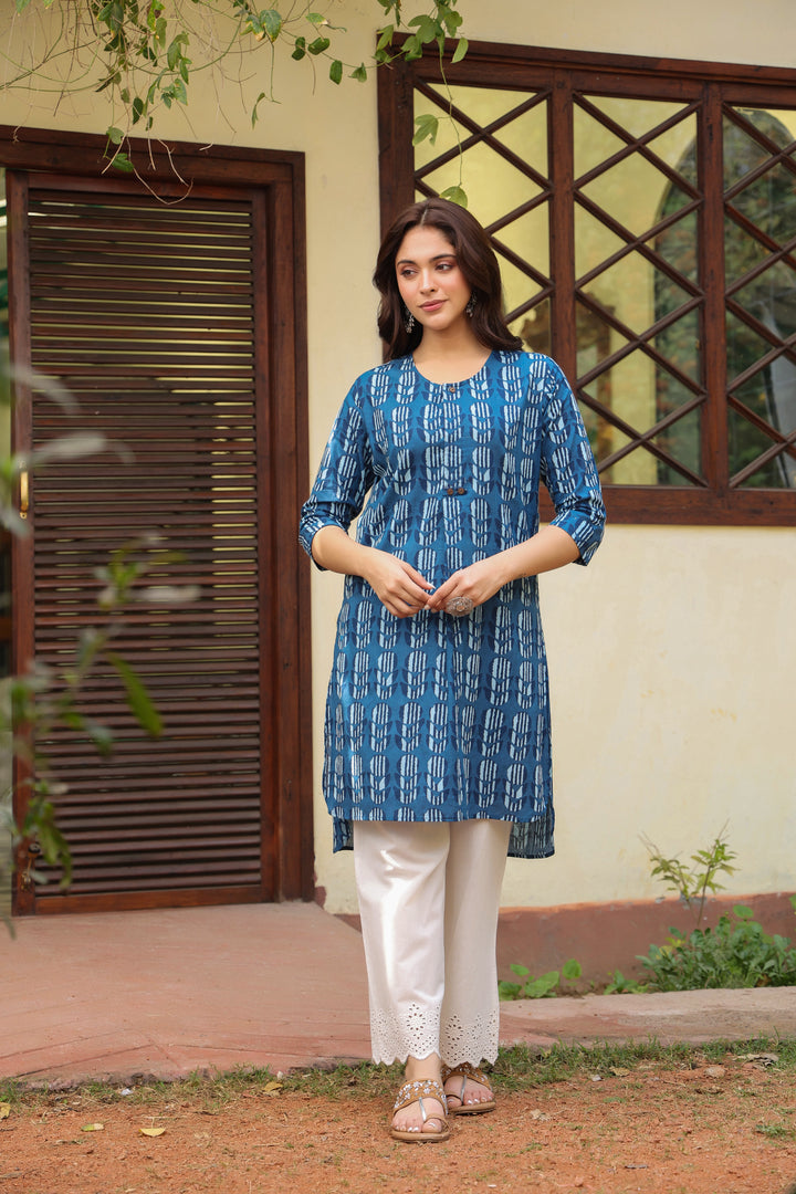 Blue Cotton Printed Relax Kurta