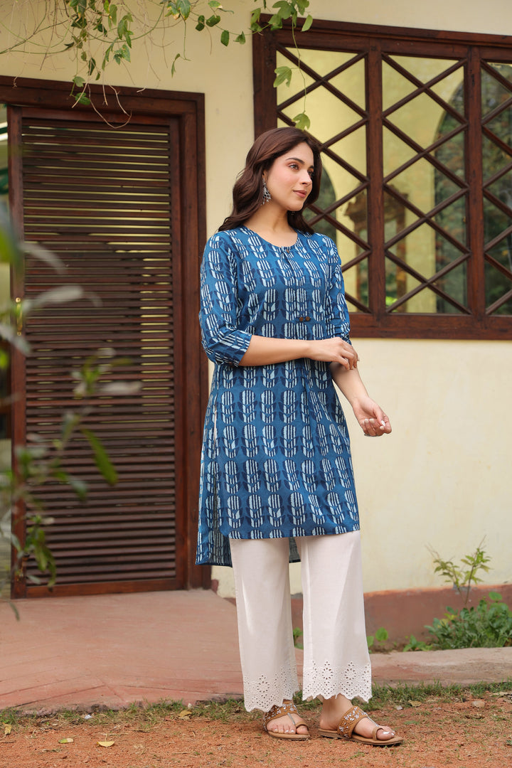 Blue Cotton Printed Relax Kurta
