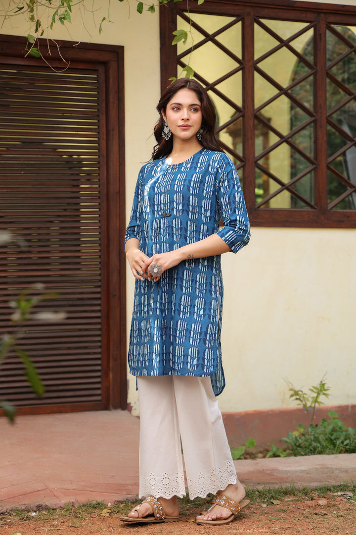 Blue Cotton Printed Relax Kurta