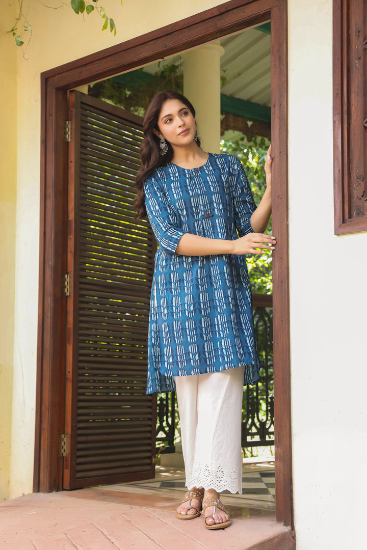 Blue Cotton Printed Relax Kurta