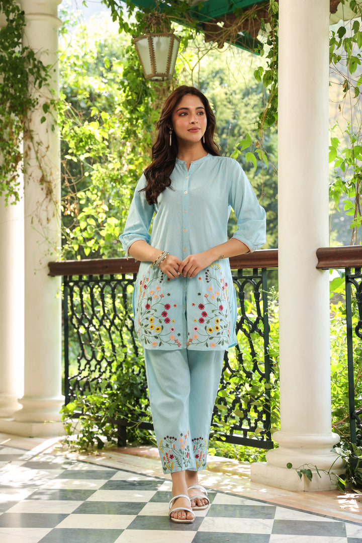 Blue Cotton Embroidered Designer Co-ord Set