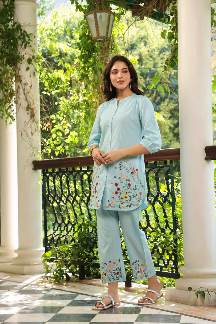 Blue Cotton Embroidered Designer Co-ord Set