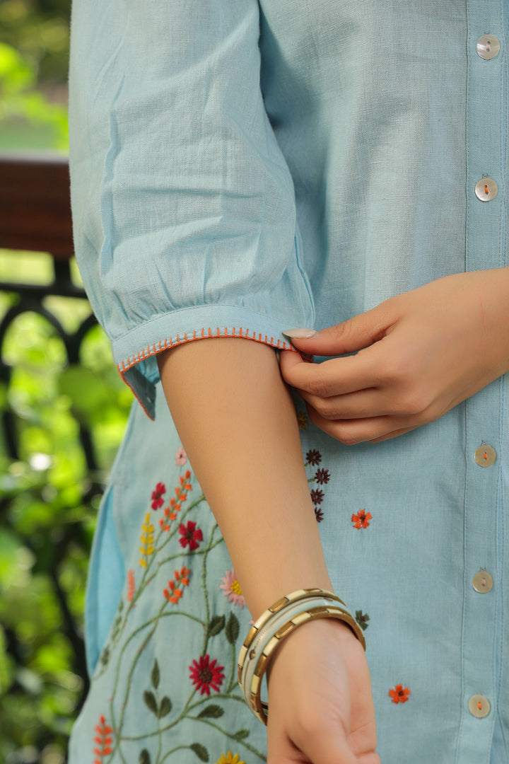 Blue Cotton Embroidered Designer Co-ord Set