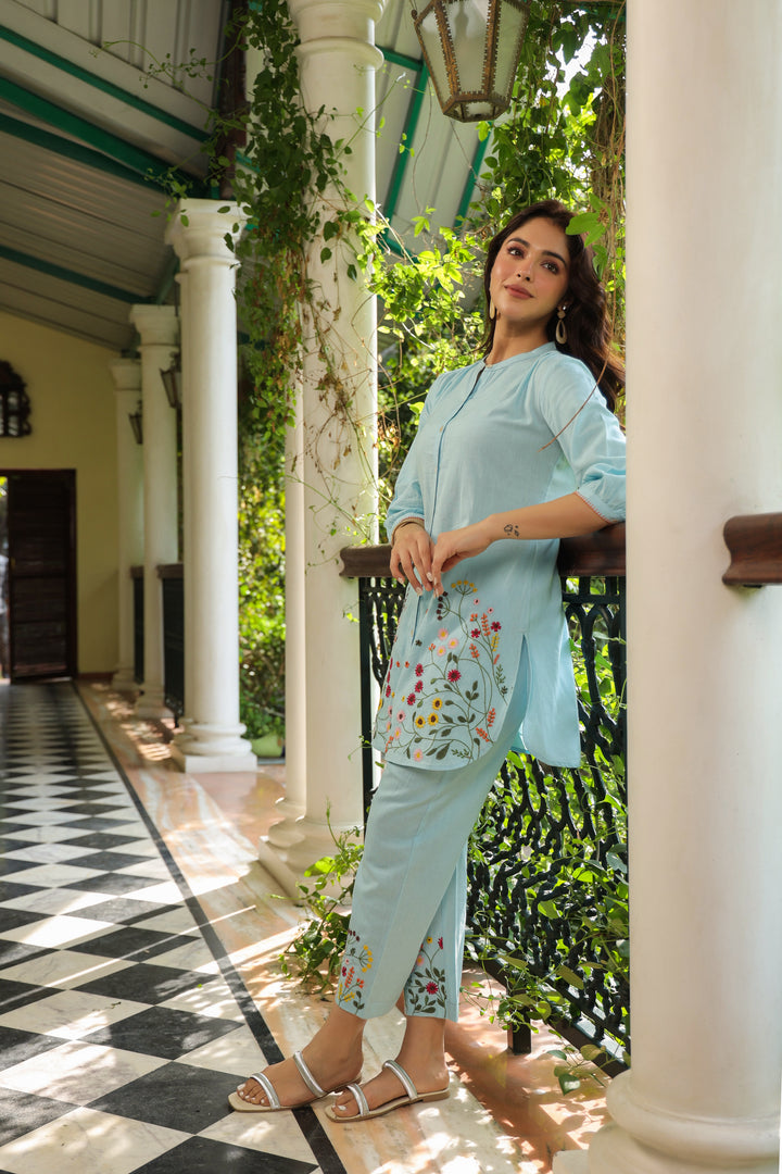 Blue Cotton Embroidered Designer Co-ord Set
