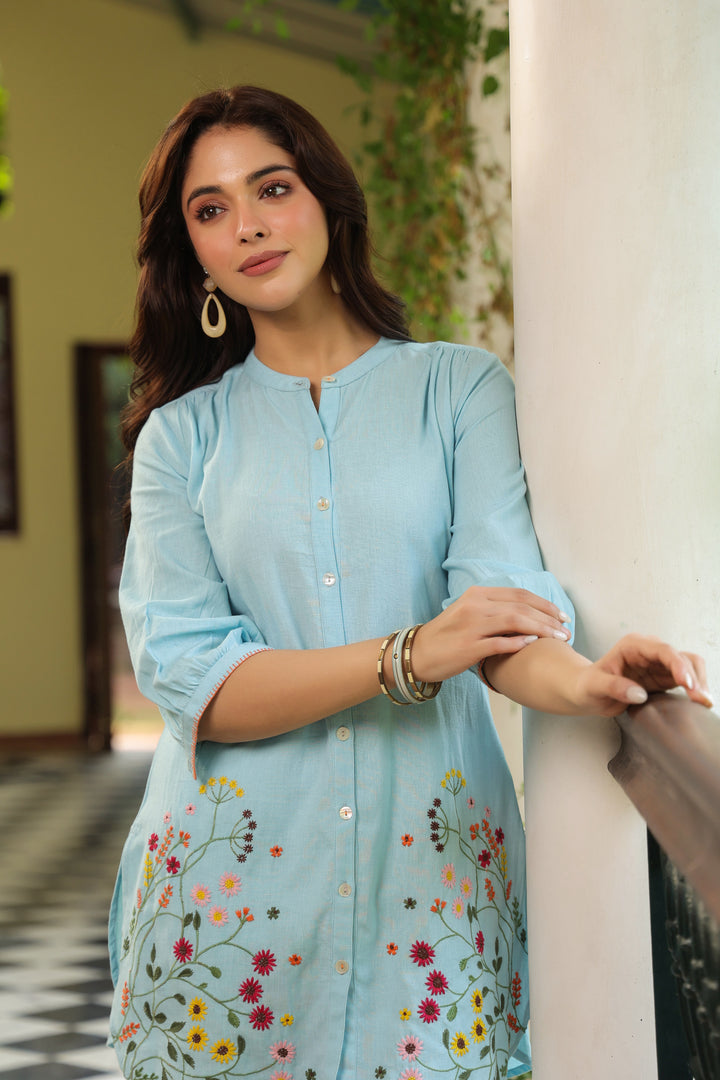 Blue Cotton Embroidered Designer Co-ord Set