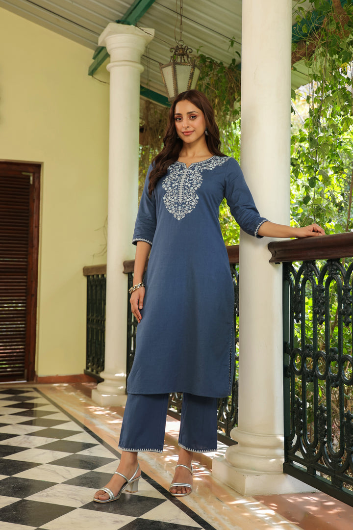 Blue Cotton Embroidered Straight Kurta Pant Set