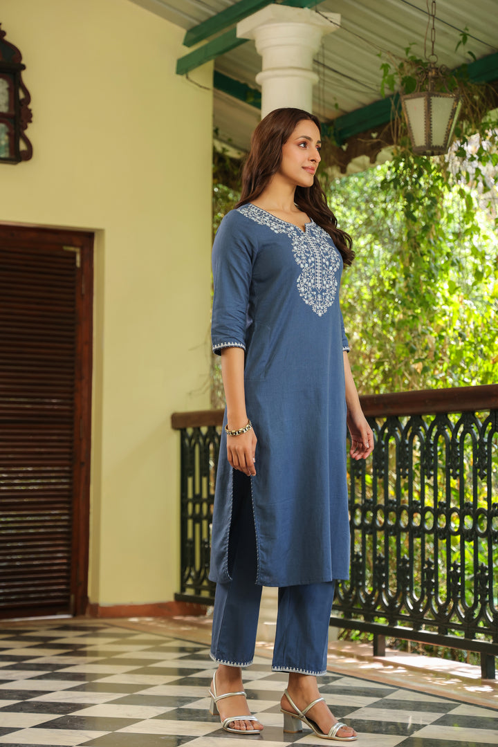 Blue Cotton Embroidered Straight Kurta Pant Set
