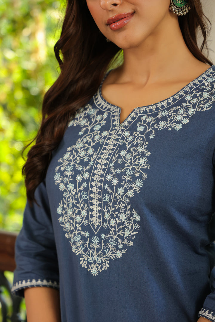 Blue Cotton Embroidered Straight Kurta Pant Set