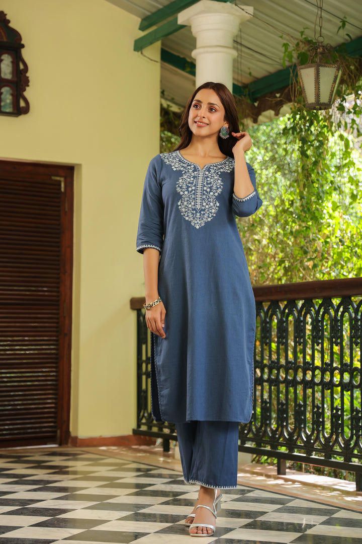 Blue Cotton Embroidered Straight Kurta Pant Set