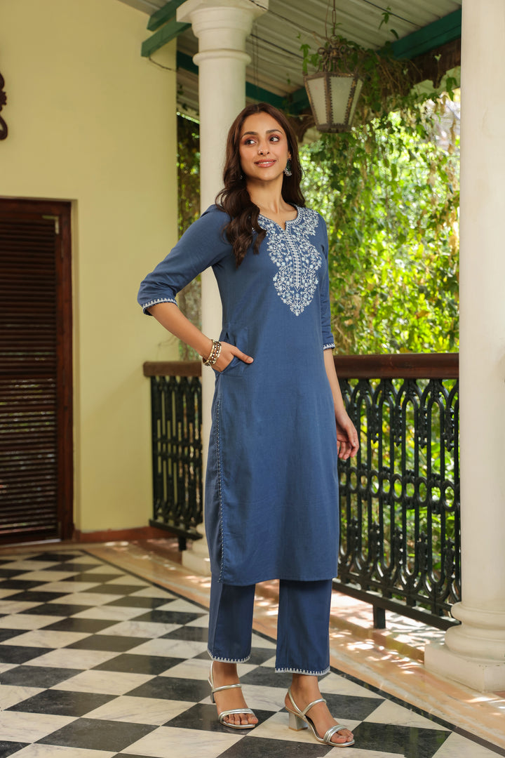 Blue Cotton Embroidered Straight Kurta Pant Set