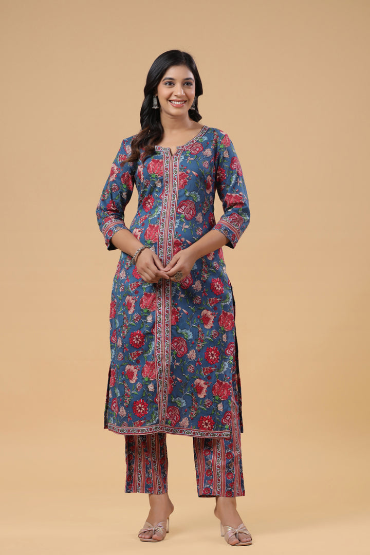 Blue Cotton Floral Printed Front Slit Kurta Pant Set
