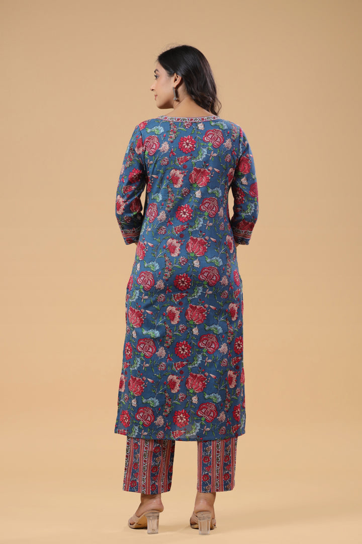 Blue Cotton Floral Printed Front Slit Kurta Pant Set