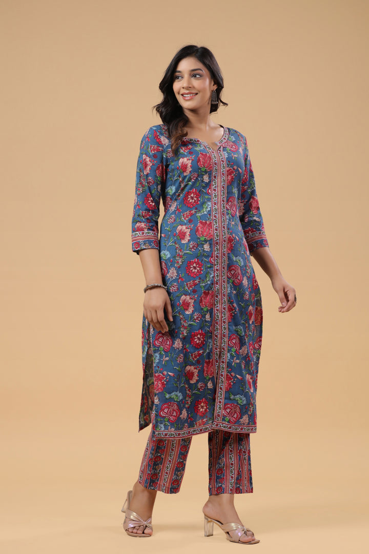 Blue Cotton Floral Printed Front Slit Kurta Pant Set