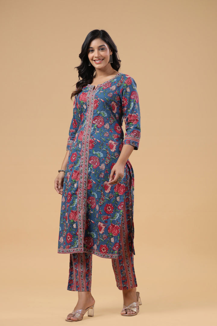 Blue Cotton Floral Printed Front Slit Kurta Pant Set