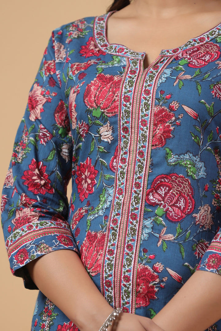 Blue Cotton Floral Printed Front Slit Kurta Pant Set