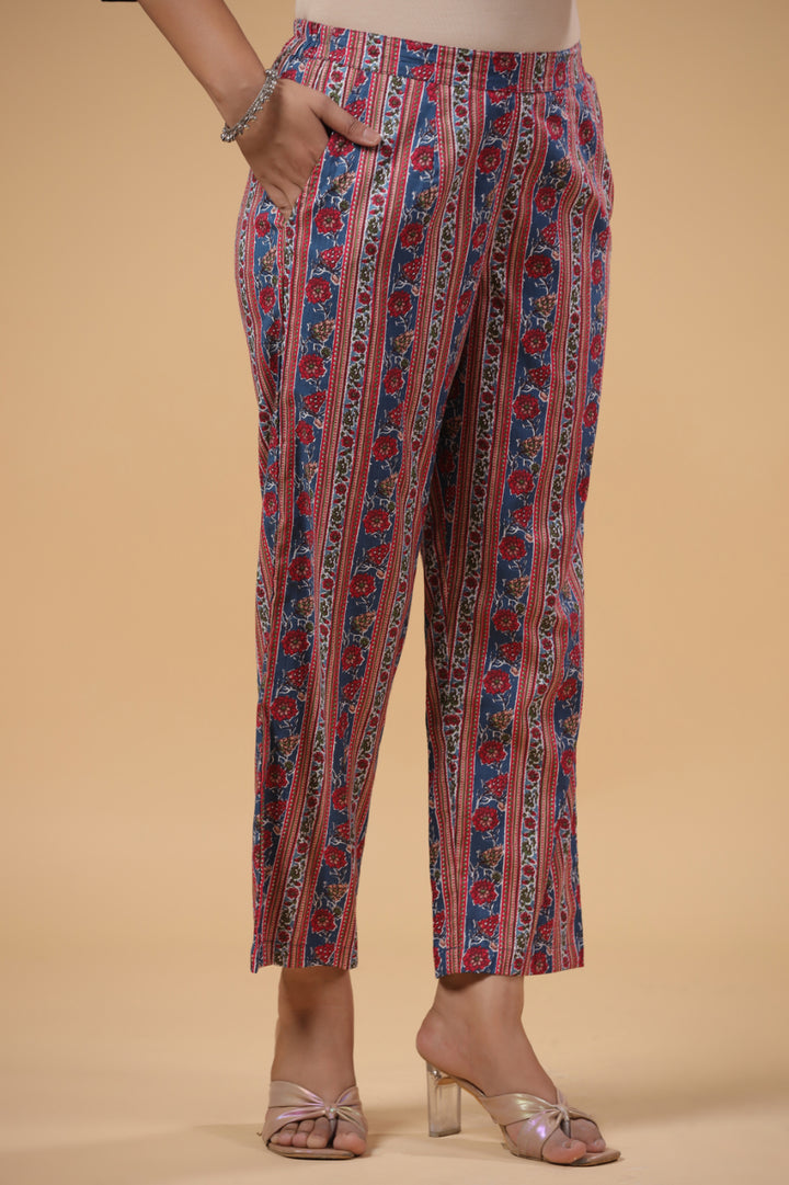 Blue Cotton Floral Printed Front Slit Kurta Pant Set