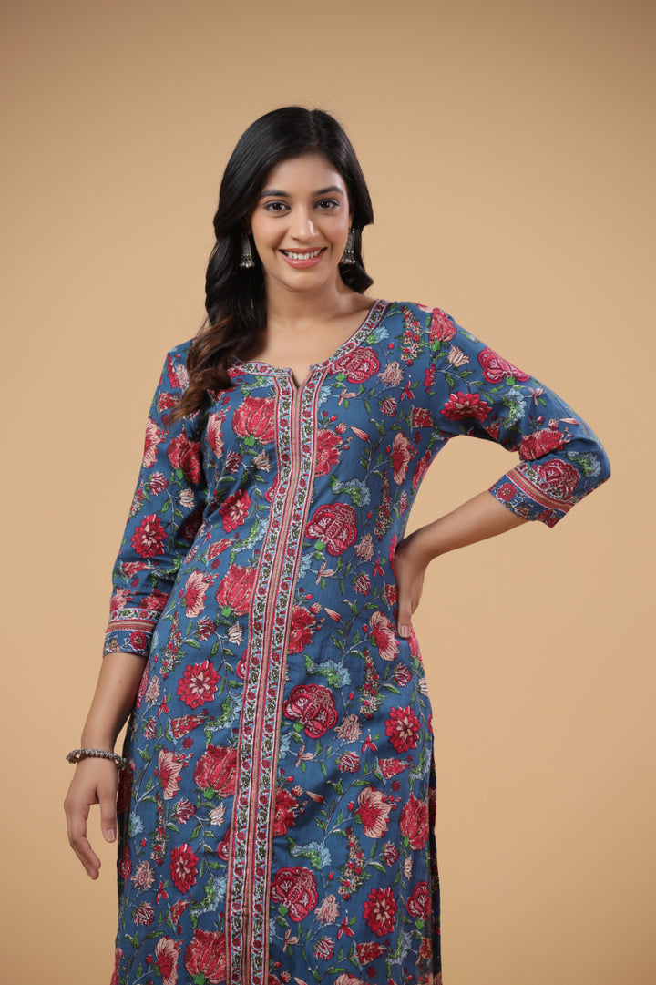Blue Cotton Floral Printed Front Slit Kurta Pant Set