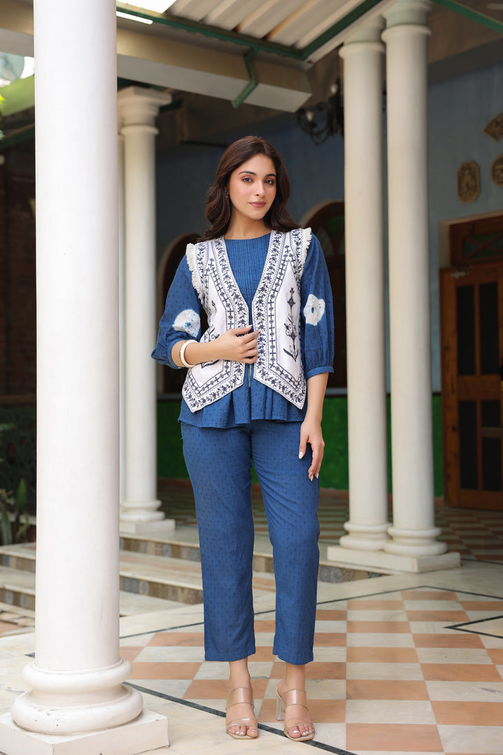 White Denim Blue Embroidered Jacket