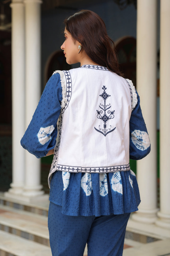 White Denim Blue Embroidered Jacket