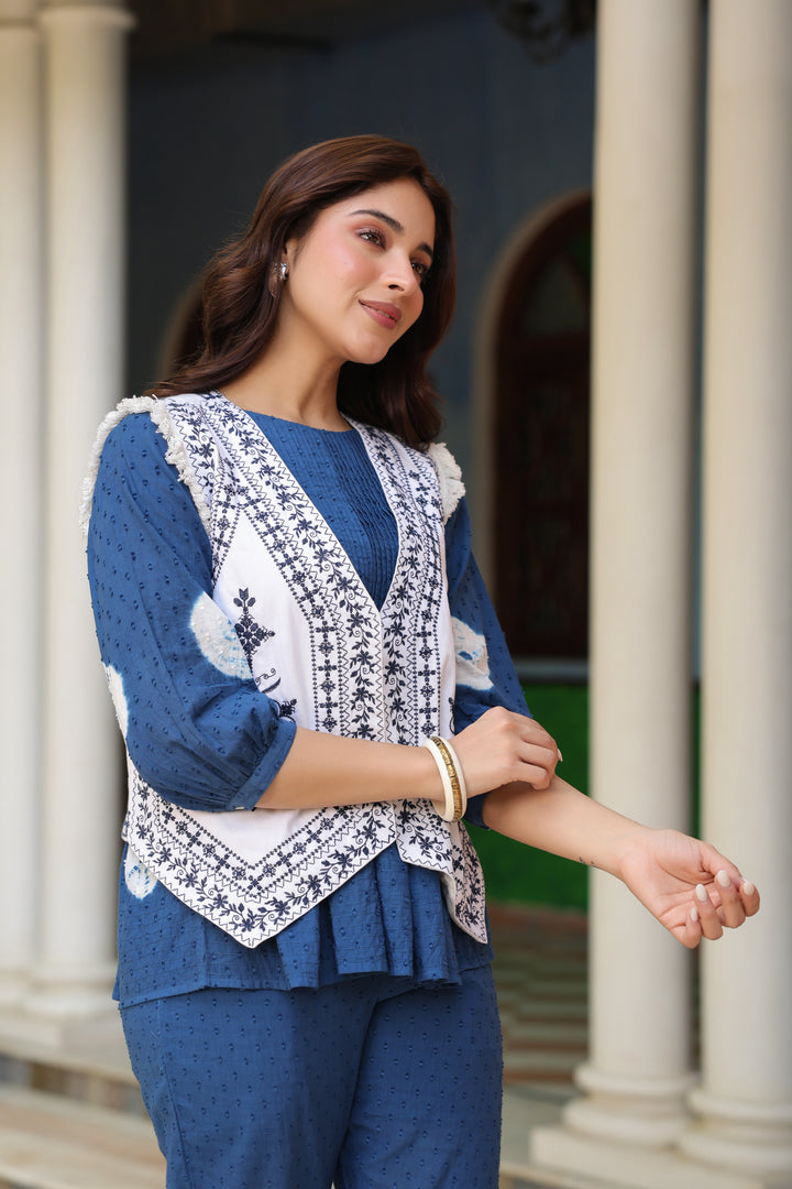 White Denim Blue Embroidered Jacket