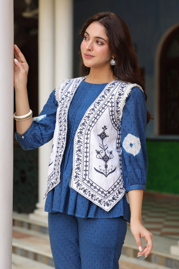 White Denim Blue Embroidered Jacket