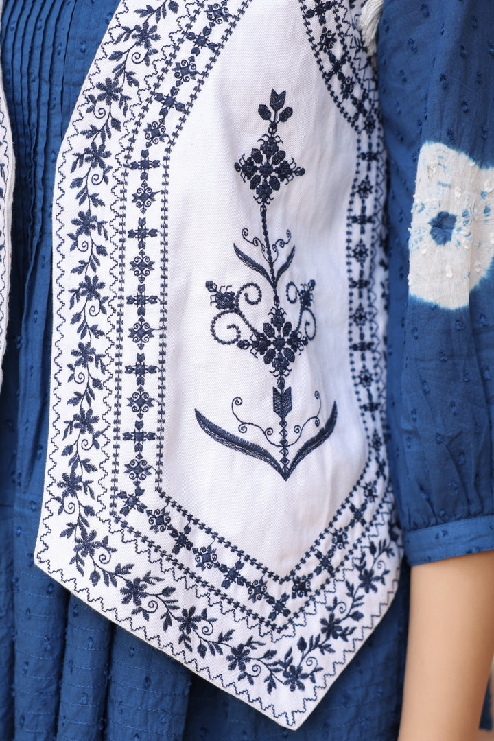 White Denim Blue Embroidered Jacket