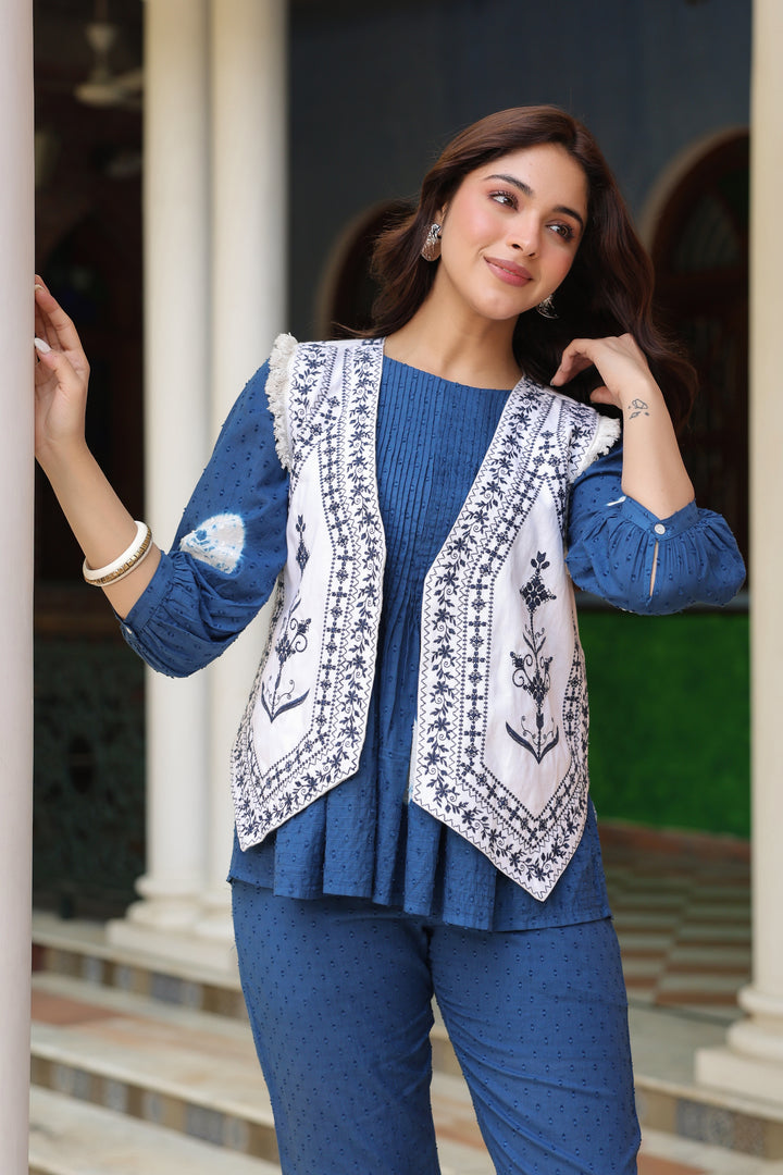 White Denim Blue Embroidered Jacket