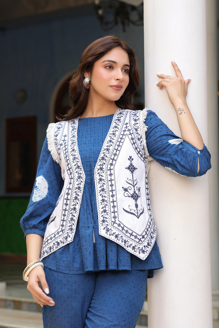 White Denim Blue Embroidered Jacket