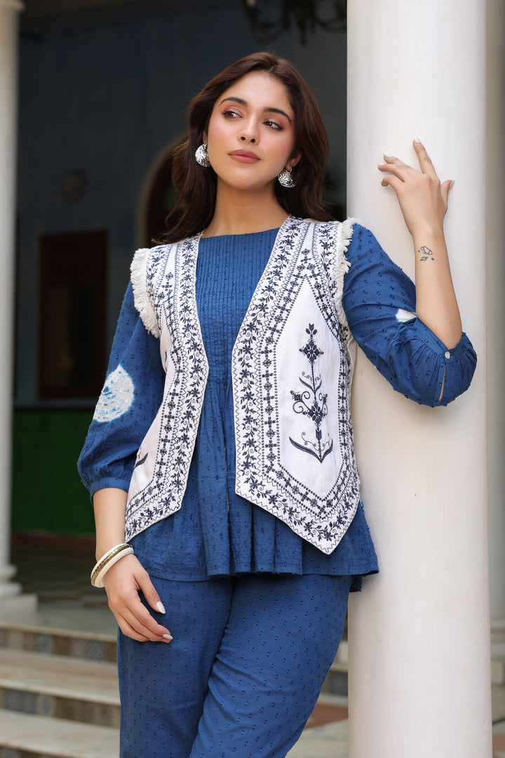 White Denim Blue Embroidered Jacket