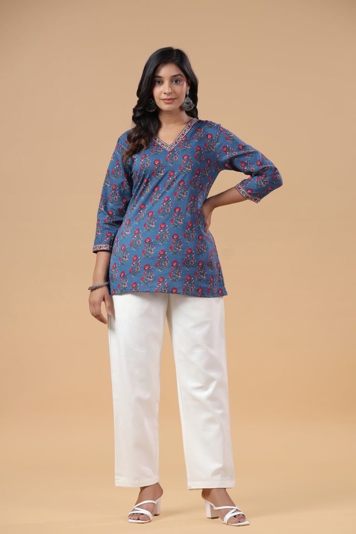 Blue Cotton Floral Printed Top