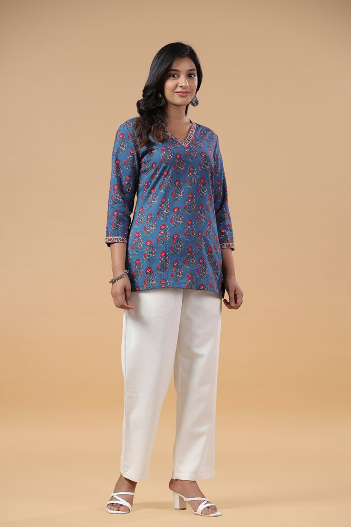 Blue Cotton Floral Printed Top