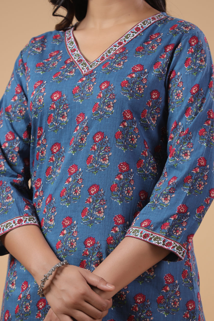 Blue Cotton Floral Printed Top