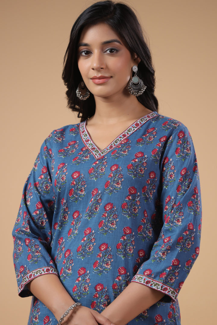Blue Cotton Floral Printed Top
