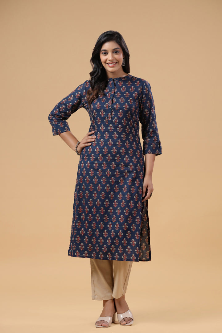 Blue Cotton Printed Mandarin Collar Kurta