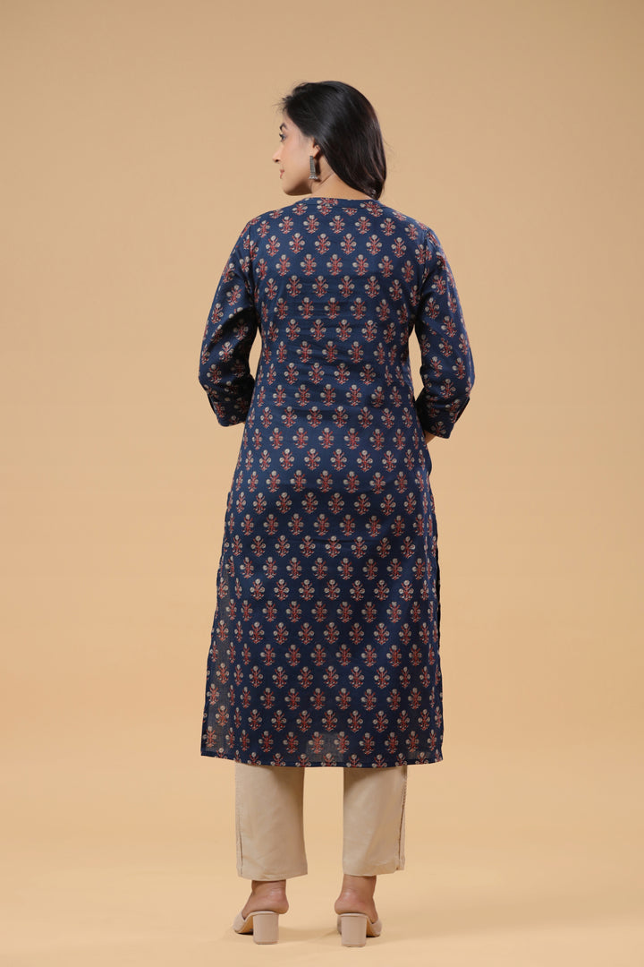 Blue Cotton Printed Mandarin Collar Kurta