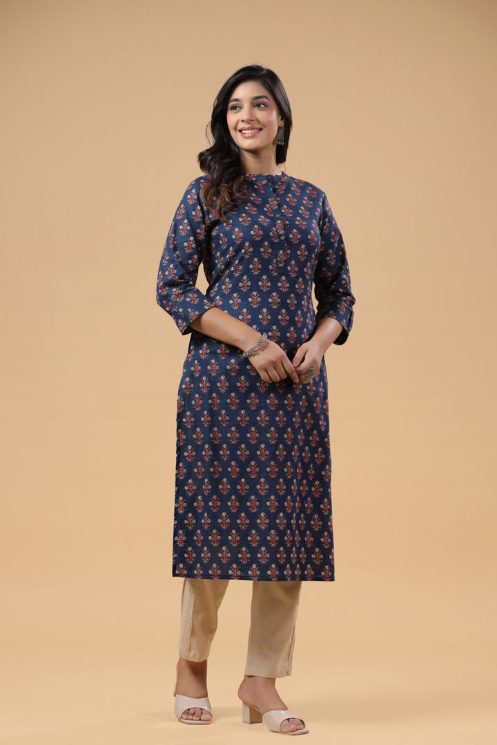 Blue Cotton Printed Mandarin Collar Kurta