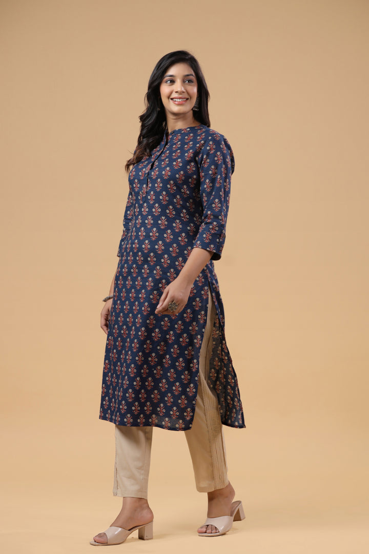 Blue Cotton Printed Mandarin Collar Kurta