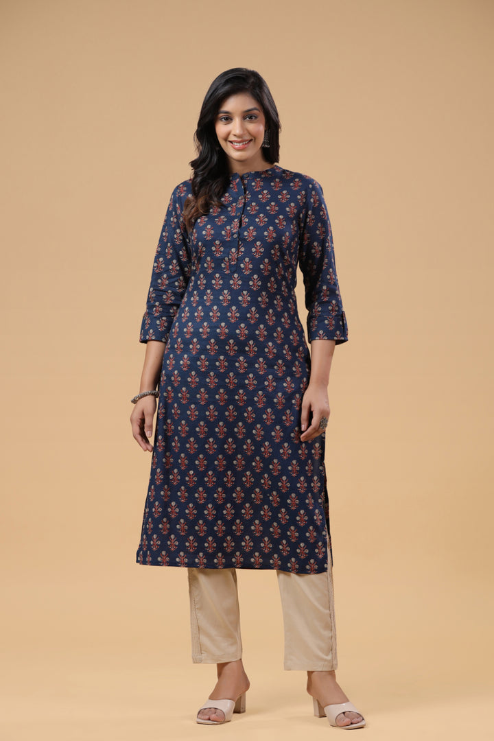 Blue Cotton Printed Mandarin Collar Kurta